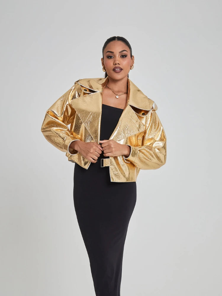 Chic Silver Women's Fake Leather Motorcycle Jacket Elegant Loose Lapel Long Sleeved PU Coat Autumn Lady Fashion Overcoat Gold