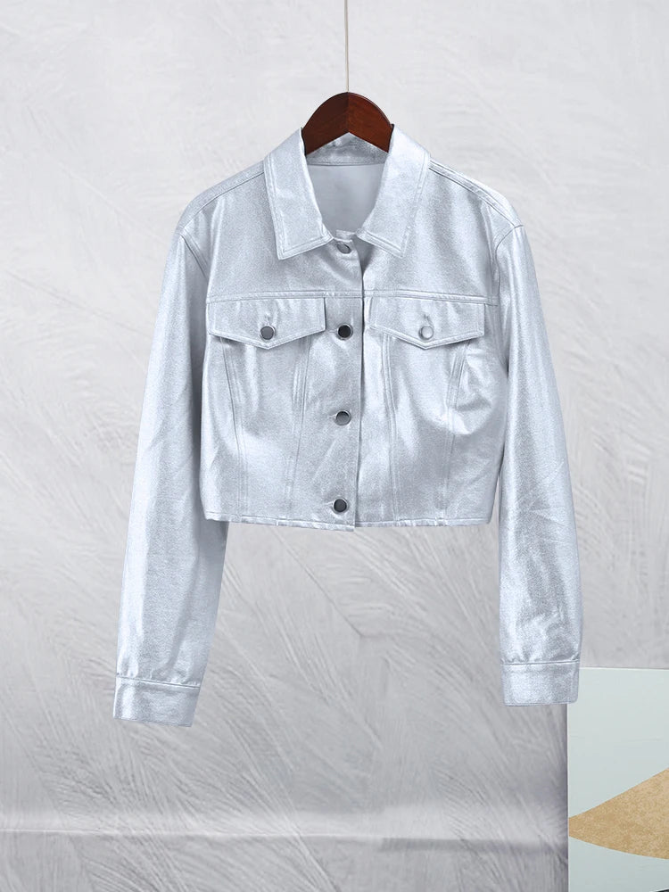 Chic Silver Women's Fake Leather Motorcycle Jacket Elegant Loose Lapel Long Sleeved PU Coat Autumn Lady Fashion Overcoat Silver 2