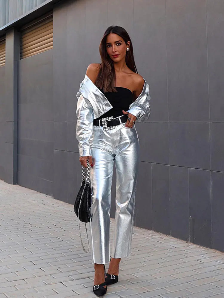 Chic Silvery Women's Pants Set Fashion Lapel Single Breasted Crop Jacket Straight Trousers Suit Autumn Lady Elegant Outfit
