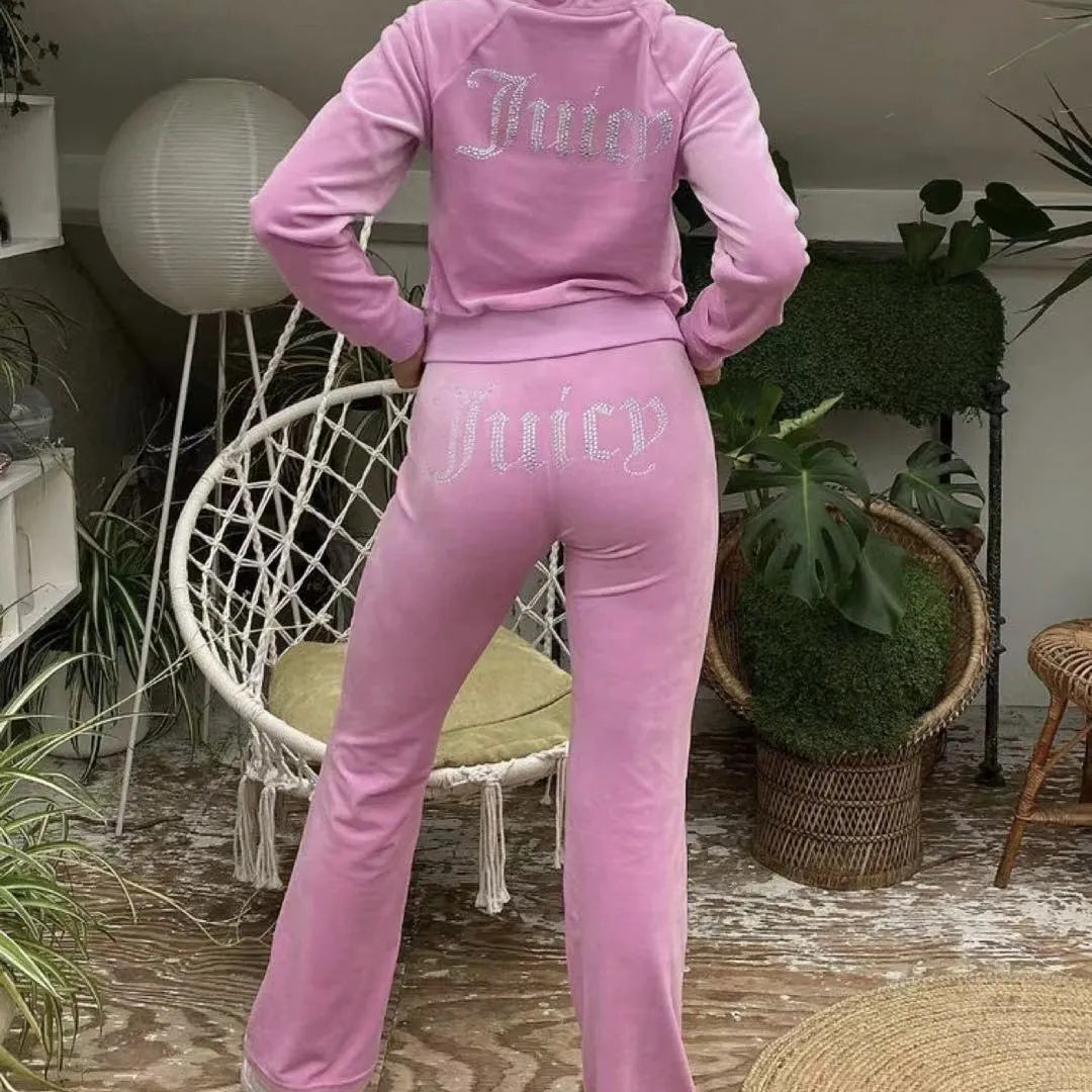 Chic Thin Velvet 2024 Autumn Juicy Apple Tracksuit 2 Pieces Set Hoodie Suit Women Velour Sweatshirt and Pants with Diamonds Y2K Pink