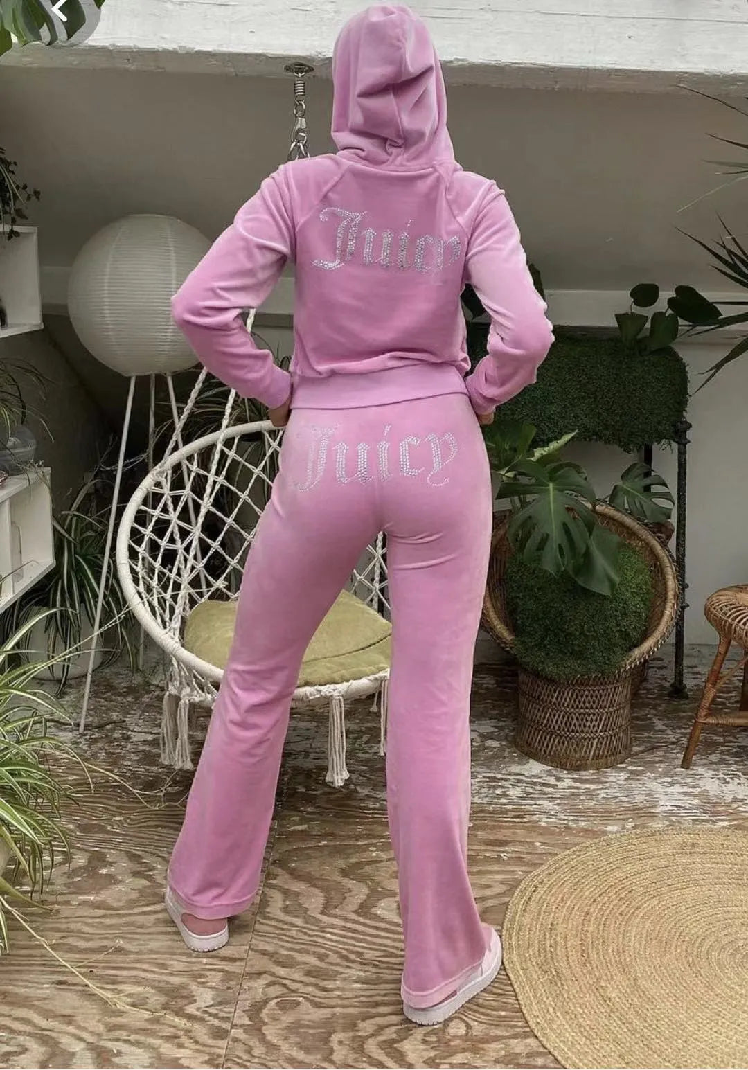 Chic Thin Velvet 2024 Autumn Juicy Apple Tracksuit 2 Pieces Set Hoodie Suit Women Velour Sweatshirt and Pants with Diamonds Y2K Pink