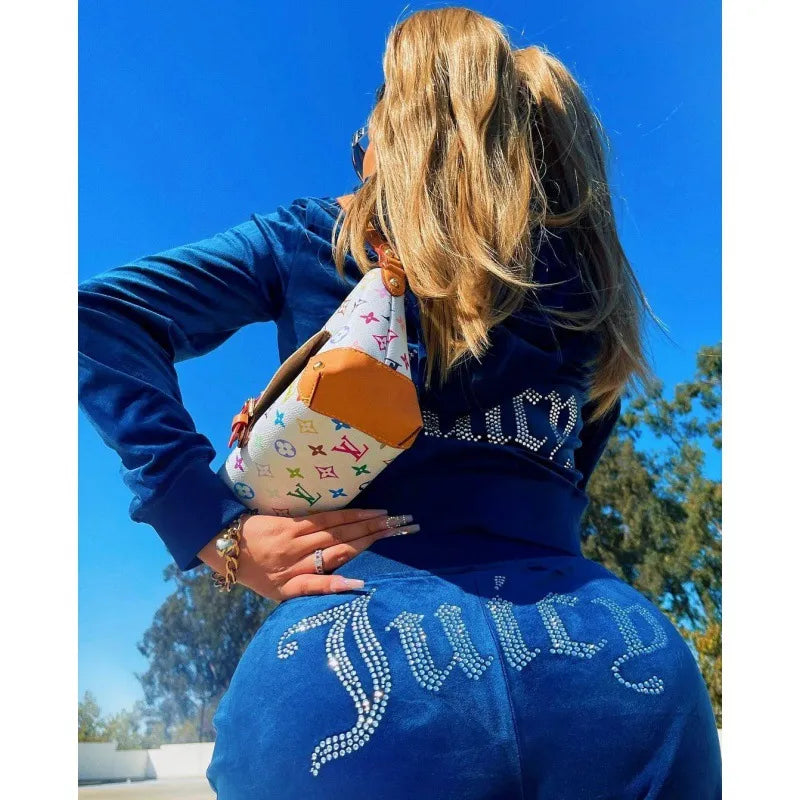 Chic Thin Velvet 2024 Autumn Juicy Apple Tracksuit 2 Pieces Set Hoodie Suit Women Velour Sweatshirt and Pants with Diamonds Y2K Colorful blue