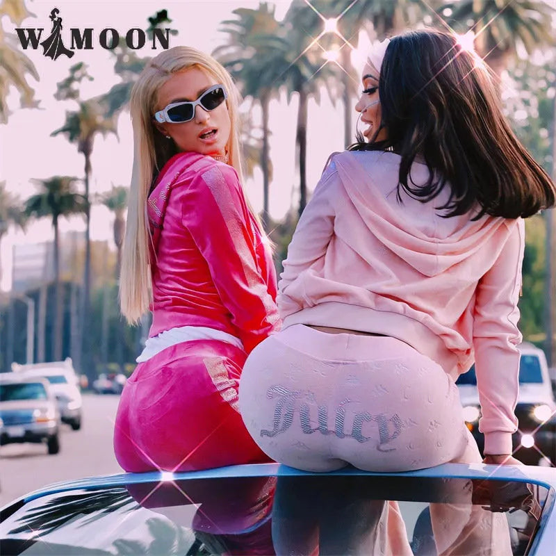 Chic Thin Velvet 2024 Autumn Juicy Apple Tracksuit 2 Pieces Set Hoodie Suit Women Velour Sweatshirt and Pants with Diamonds Y2K