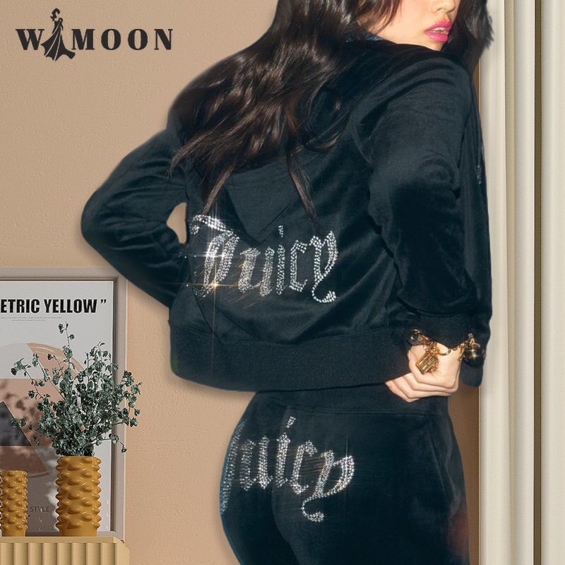 Chic Thin Velvet 2024 Autumn Juicy Apple Tracksuit 2 Pieces Set Hoodie Suit Women Velour Sweatshirt and Pants with Diamonds Y2K