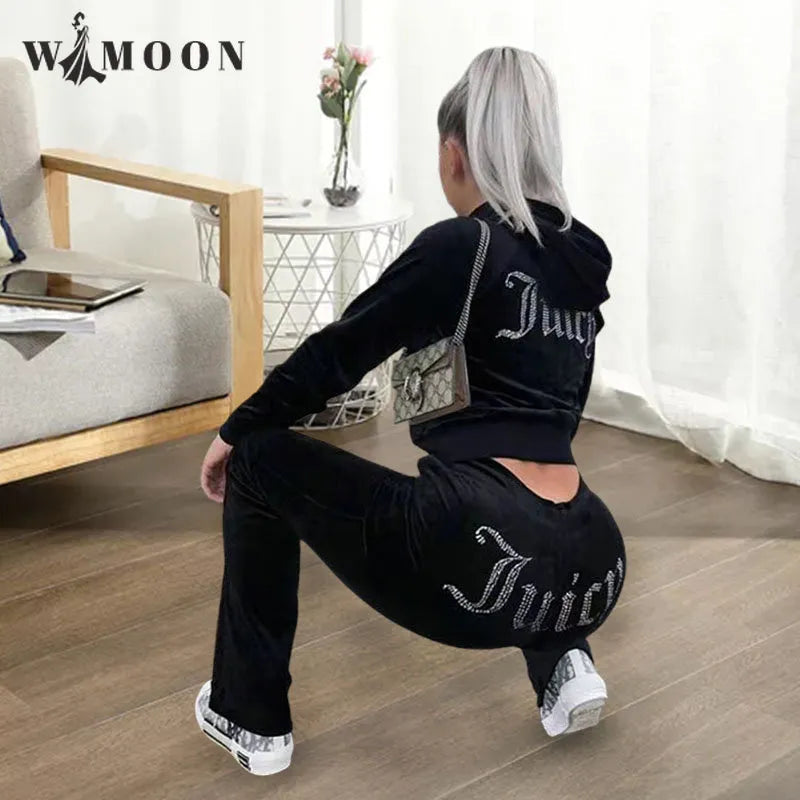 Chic Thin Velvet 2024 Autumn Juicy Apple Tracksuit 2 Pieces Set Hoodie Suit Women Velour Sweatshirt and Pants with Diamonds Y2K