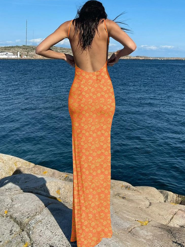 Chicology 2022 Women Midi Slip Floral Dress Print Backless Sleeveless Elegant Slim Bodycon Spring Summer Holiday Fashion Sweet Orange