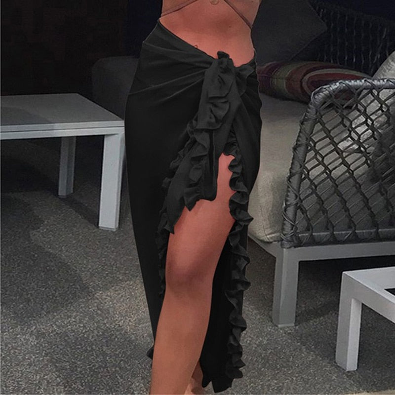 Chiffon See-Through Beach Bikini Cover Up Wrap Scarf Swimwear Pareo Sarong Dress Solid Ruffle Casual Beach Dress Black One Size