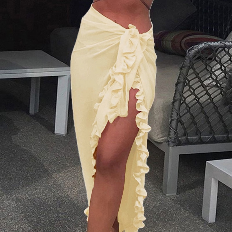 Chiffon See-Through Beach Bikini Cover Up Wrap Scarf Swimwear Pareo Sarong Dress Solid Ruffle Casual Beach Dress Flesh One Size