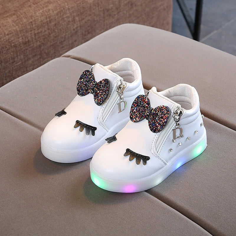 Children Glowing Sneakers Kid Princess Bow for Girls LED Shoes Cute Baby Sneakers with Light Shoes Size 21-30 1083LEDwhite