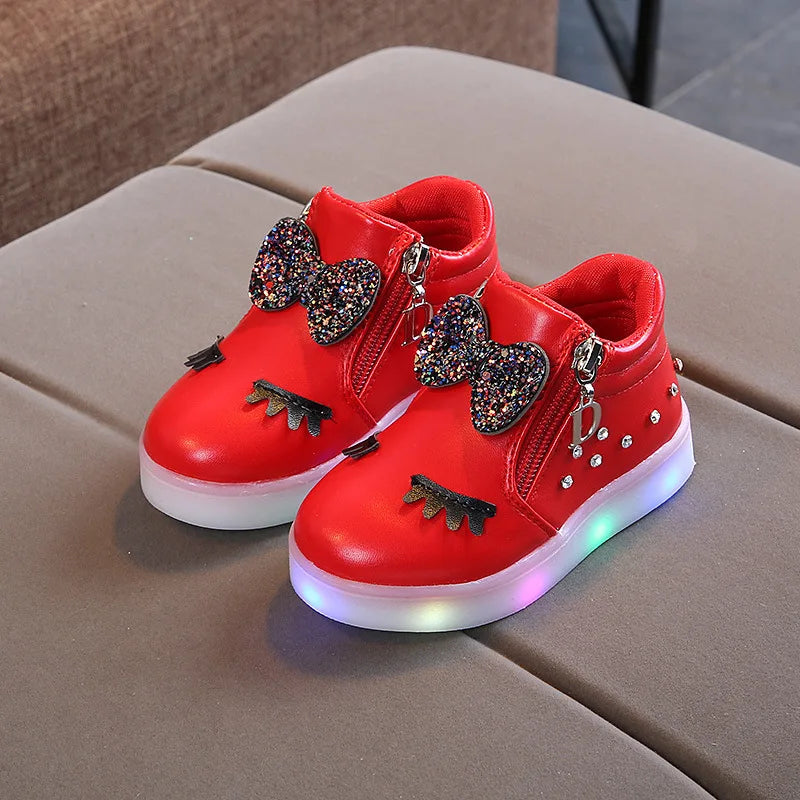 Children Glowing Sneakers Kid Princess Bow for Girls LED Shoes Cute Baby Sneakers with Light Shoes Size 21-30 1083LEDred