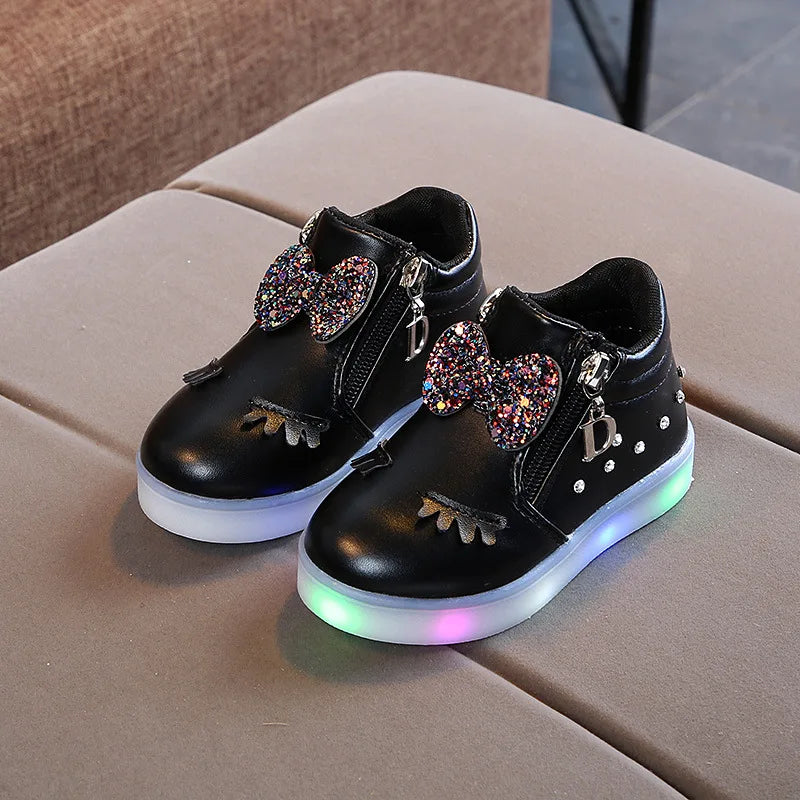 Children Glowing Sneakers Kid Princess Bow for Girls LED Shoes Cute Baby Sneakers with Light Shoes Size 21-30 1083LEDblack