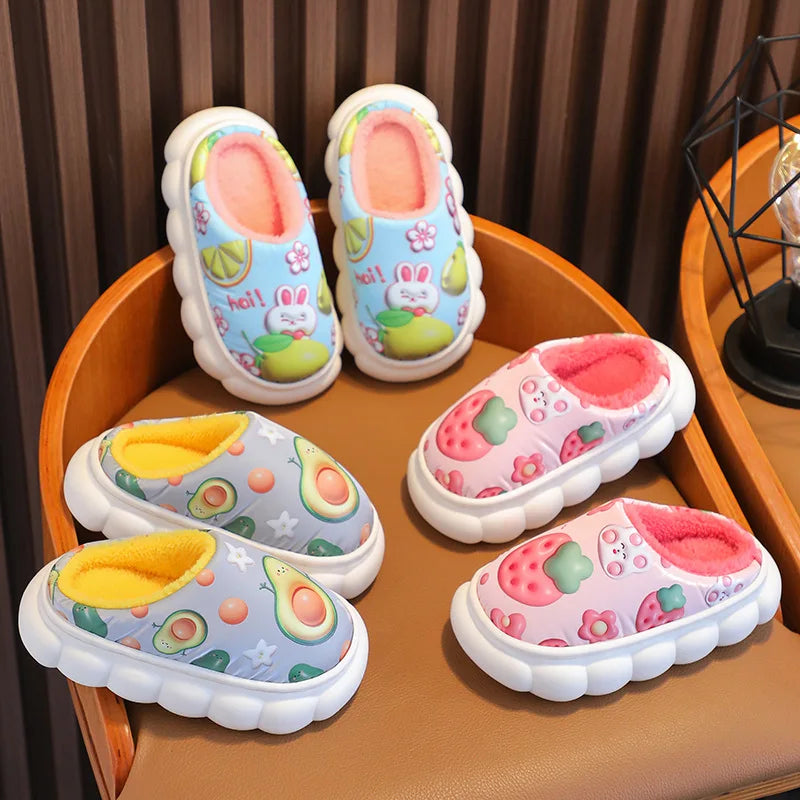 Children Slippers Winter PU Waterproof Leather Cotton Slippers Girls Warm Home Shoes Indoor Children Plush Slippers