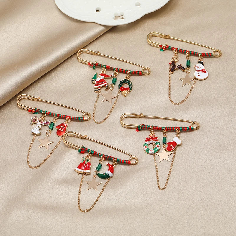Christmas Brooch Xmas Tree Santa Claus Metal Pins Snowflake Chain Tassel Big Needle Pins Party Jewelry Gift for Women Xmasdecor