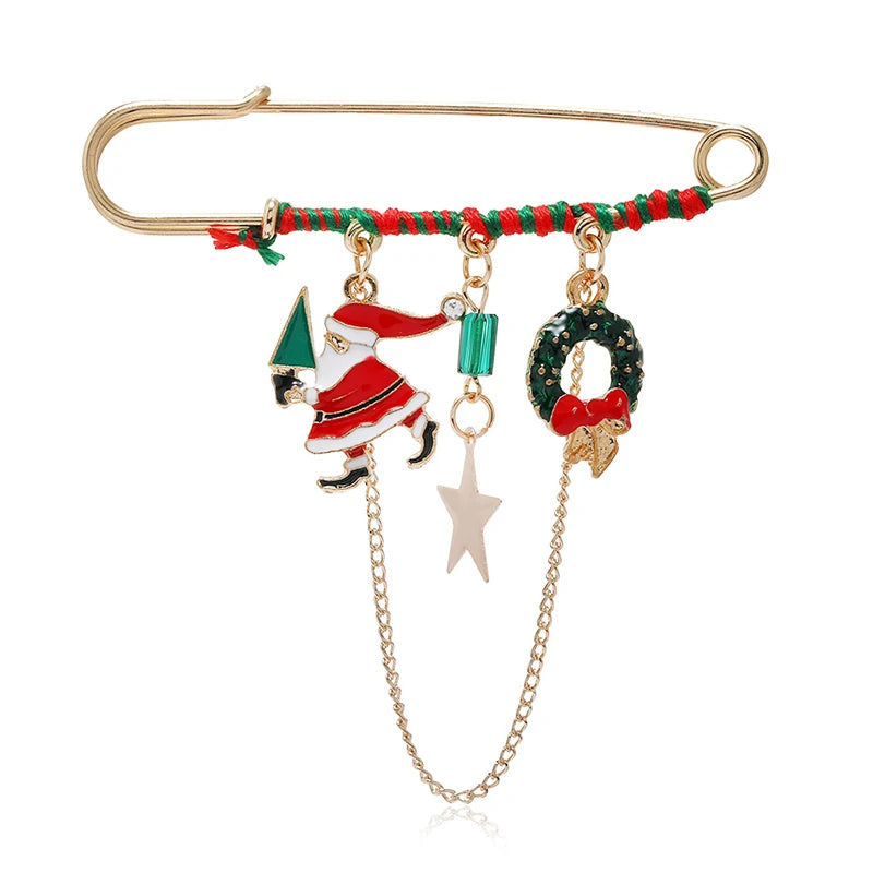 Christmas Brooch Xmas Tree Santa Claus Metal Pins Snowflake Chain Tassel Big Needle Pins Party Jewelry Gift for Women Xmasdecor Style-16