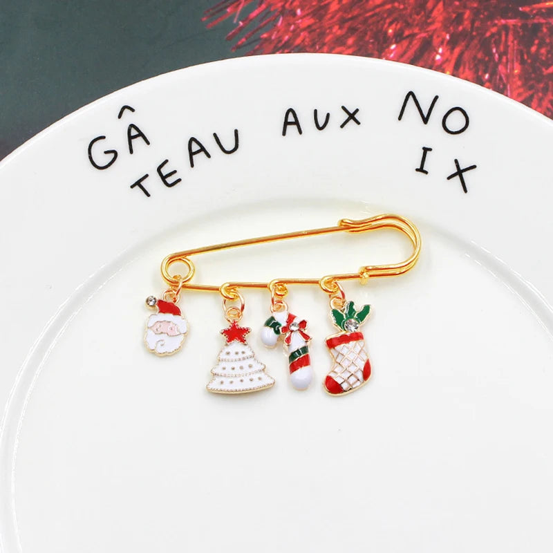 Christmas Brooch Xmas Tree Santa Claus Metal Pins Snowflake Chain Tassel Big Needle Pins Party Jewelry Gift for Women Xmasdecor Style-4