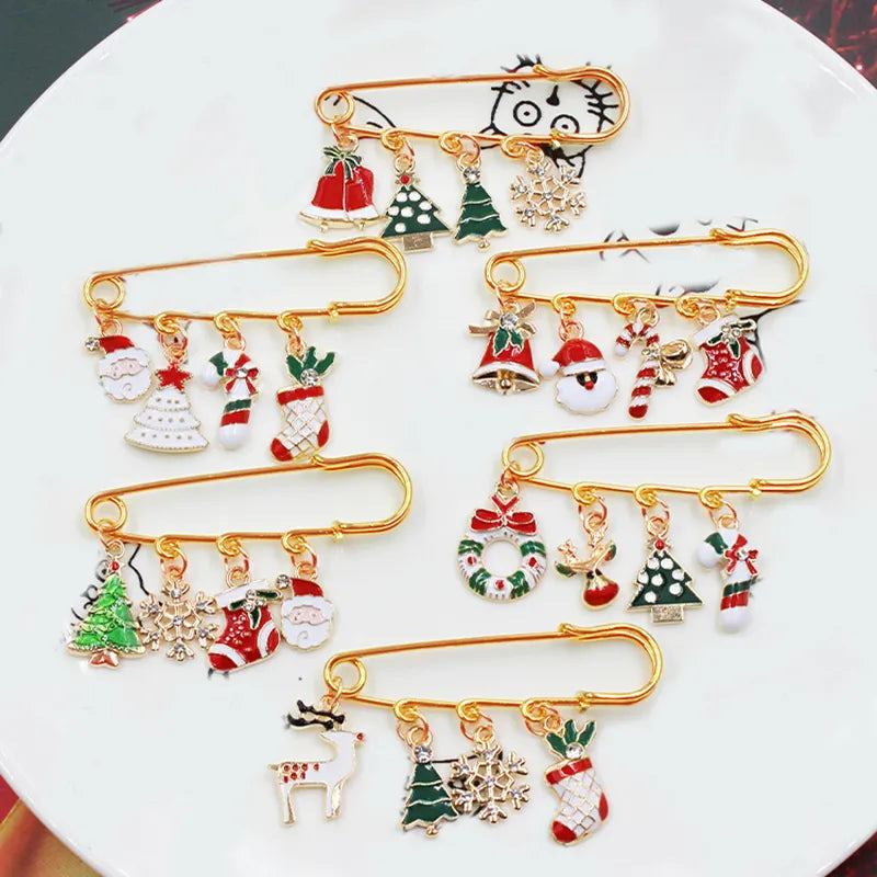 Christmas Brooch Xmas Tree Santa Claus Metal Pins Snowflake Chain Tassel Big Needle Pins Party Jewelry Gift for Women Xmasdecor
