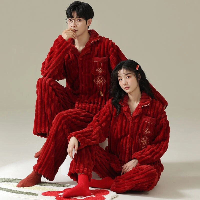 Christmas Pajamas For Couple Lucky Big Red Cardigan Buttons Men Women Winter Long Sleeve Flannel Sleepwear Sexy Women Homewear