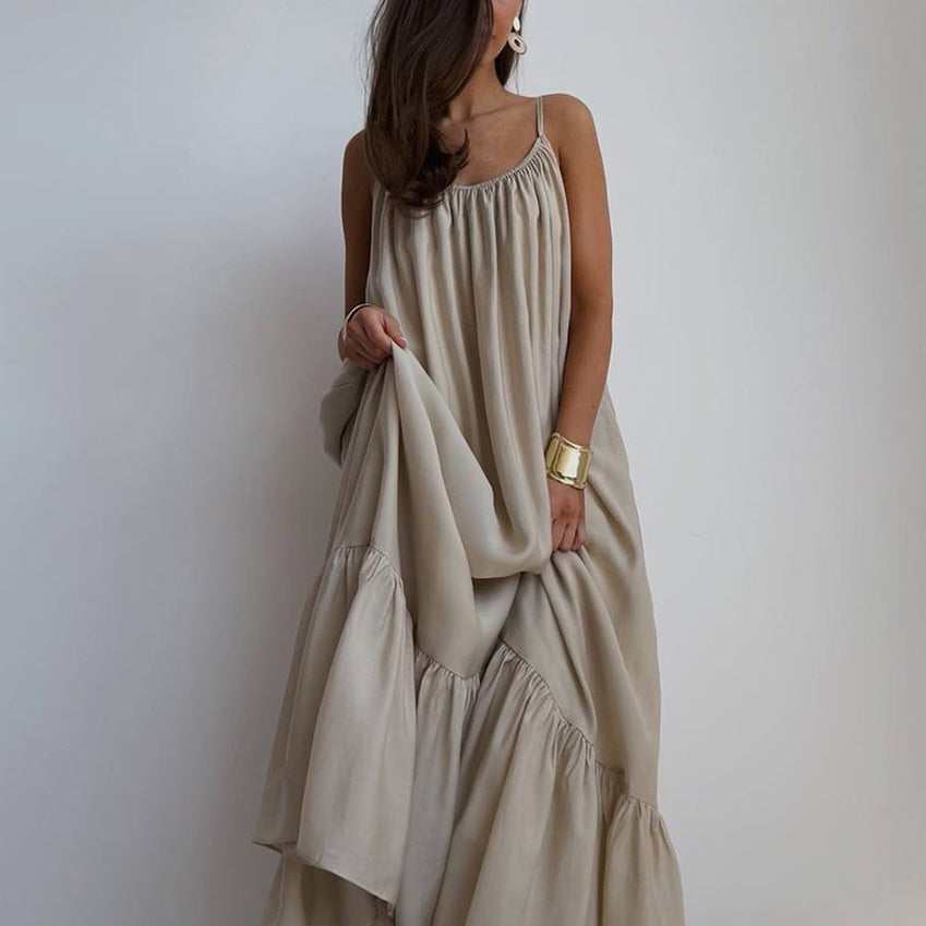 Clacive Causal Loose Khaki Summer Dress Ladies Sexy Strap Sleeveless Sundress Elegant Lace-Up Khaki