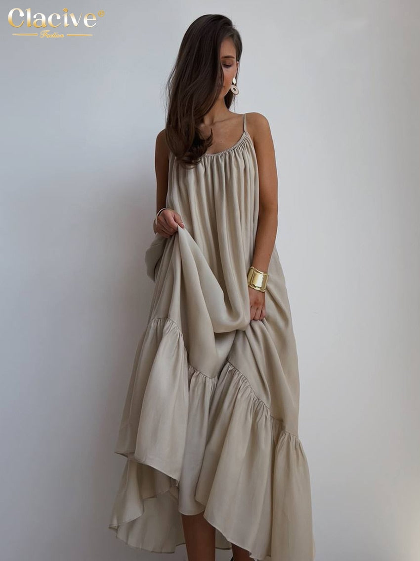 Clacive Causal Loose Khaki Summer Dress Ladies Sexy Strap Sleeveless Sundress Elegant Lace-Up Khaki