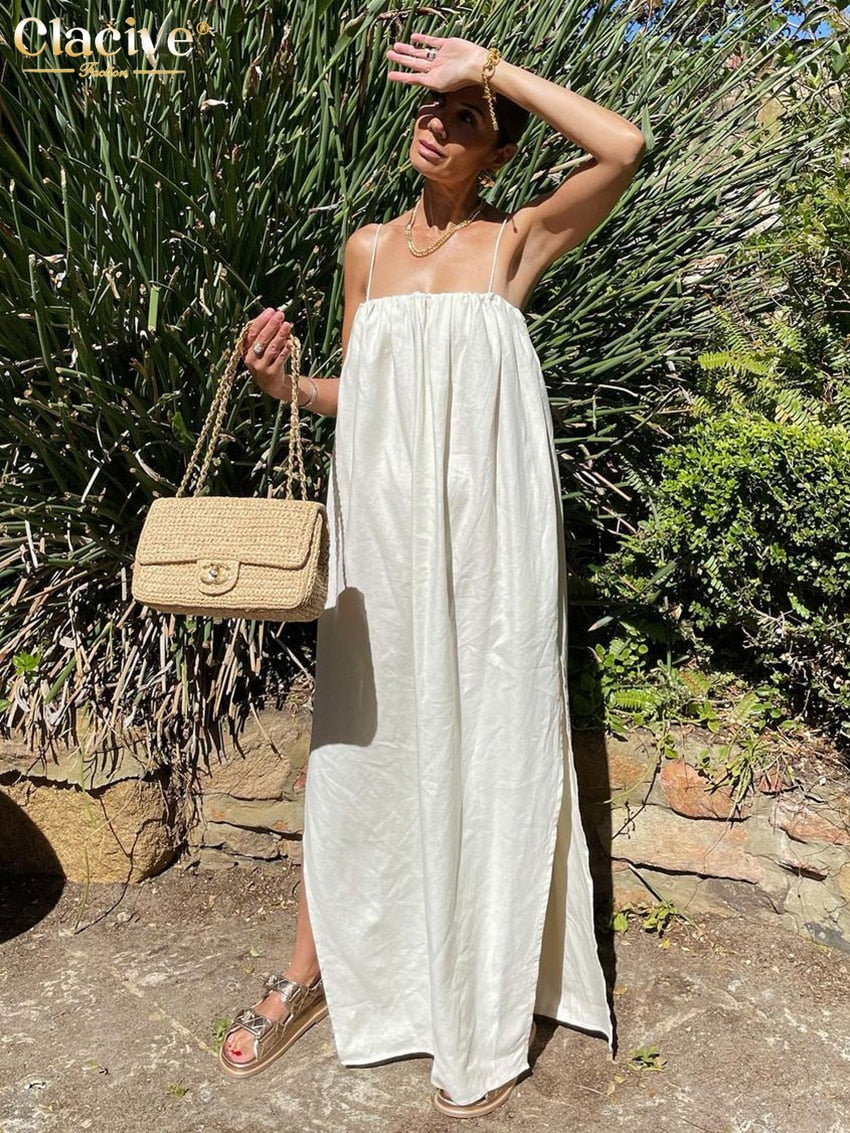 Clacive Summer Biege Linen Dress Casual Loose Strap Sleeveless Beige