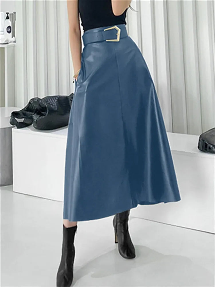 Classic Faux PU Leather Long Skirts with Belted New High Waist Fashion Umbrella Skirts Ladies Female Autumn Winter Blue One Size