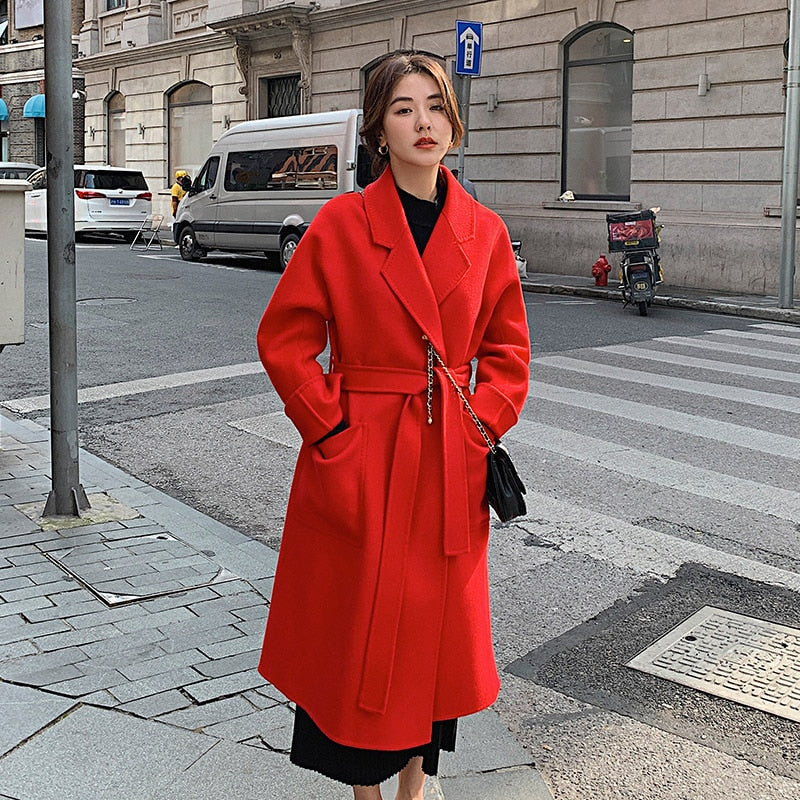 Classic Model 100% Real Wool Long Warp Overcoat Belt Turn-down Collar Dense Fabric Narrow Notch Lapel Coat Women Fall Winter Red