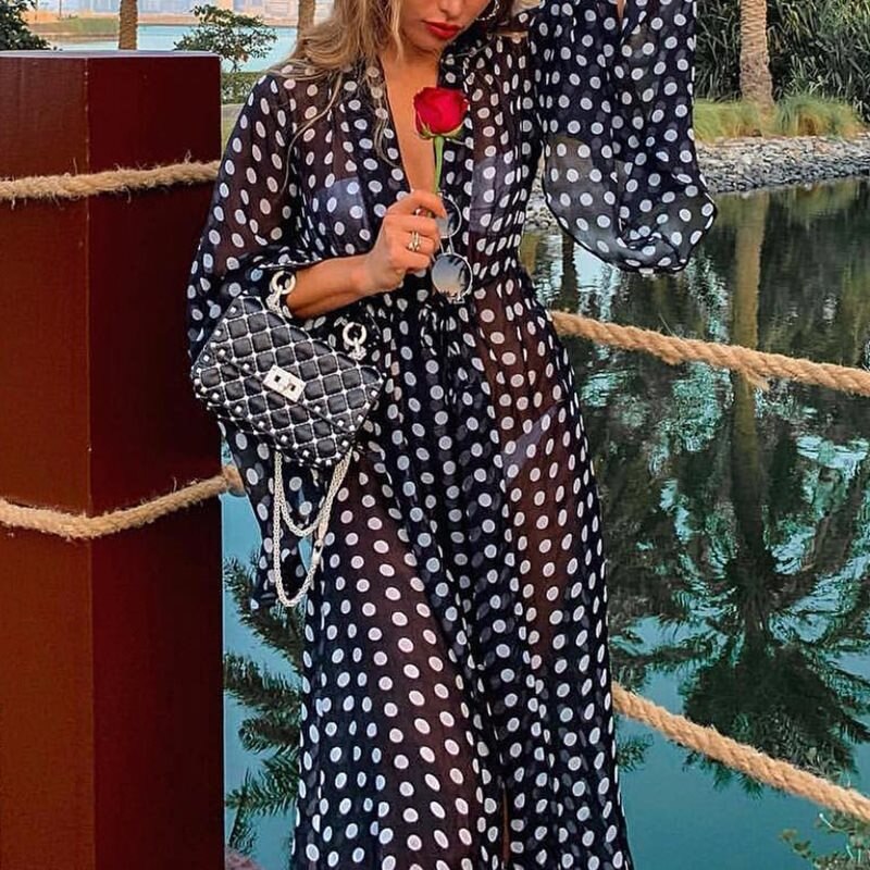 Classical Polka dot Swimsuit Cover Up Sleeve Kaftan Beach Tunic Dress Robe De Plage Cotton Pareo Malachite Green Beachwear Black One Size