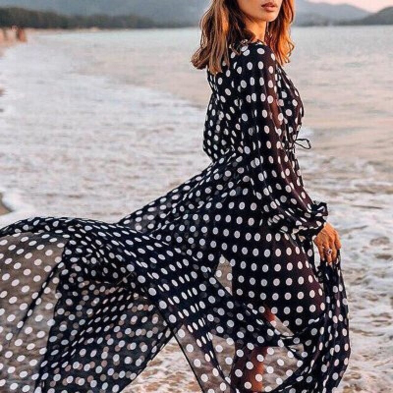 Classical Polka dot Swimsuit Cover Up Sleeve Kaftan Beach Tunic Dress Robe De Plage Cotton Pareo Malachite Green Beachwear