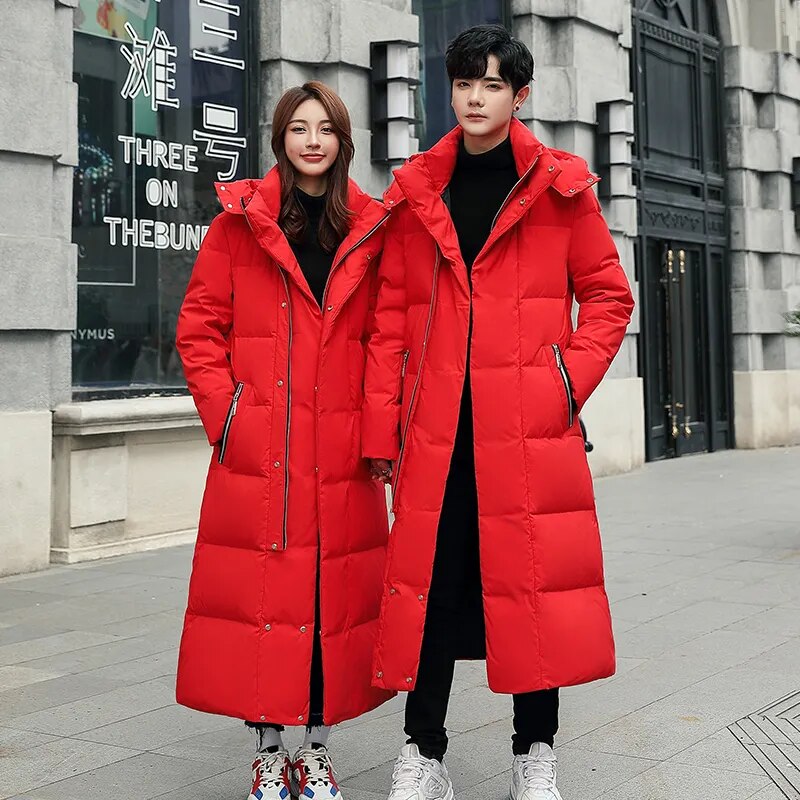 Coed Winter Cold resistant Down Jacket -30 Men's Women X-Long(Winter) Warm Fashion Brand Red Parkas S-5XL Red