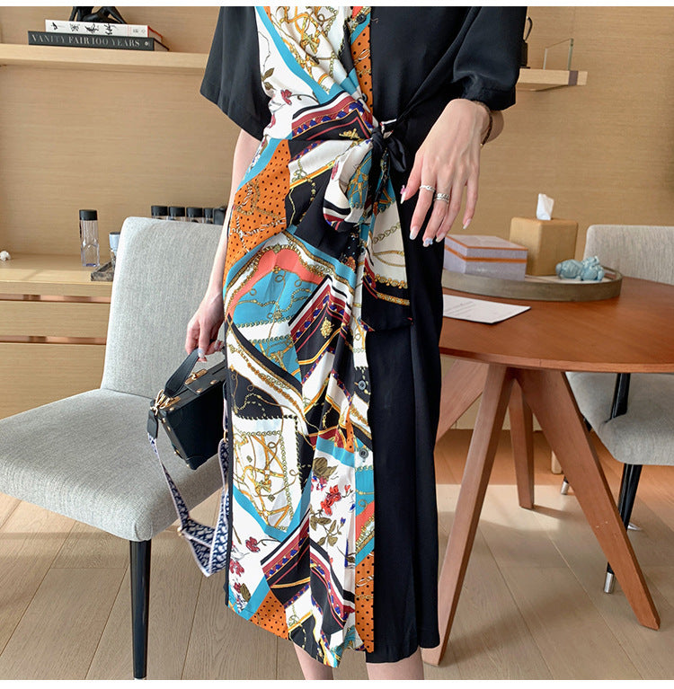 Collar Stitching Contrast Color Loose Mid Length Dress Black