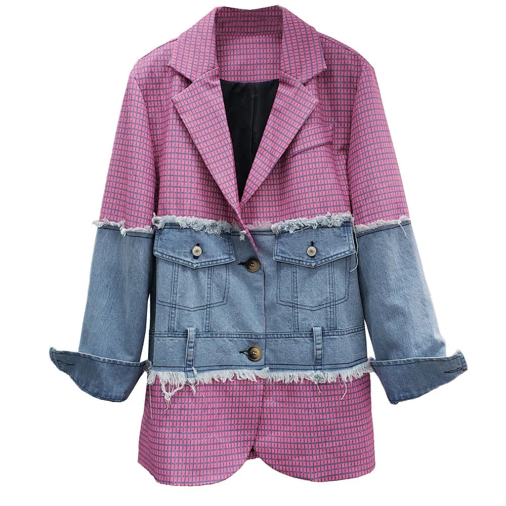 Colorblock Patchwork Denim Jackets For Women Lapel Long Sleeve Casual Autumn Jacket Female Fashion Clothing Pink