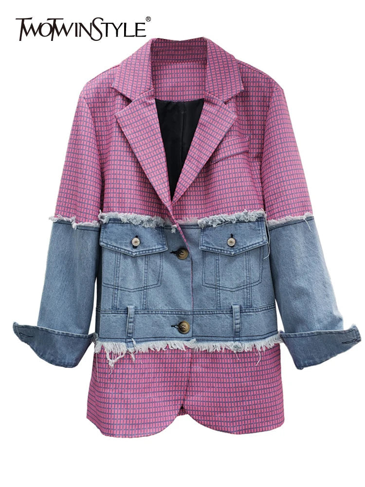 Colorblock Patchwork Denim Jackets For Women Lapel Long Sleeve Casual Autumn Jacket Female Fashion Clothing