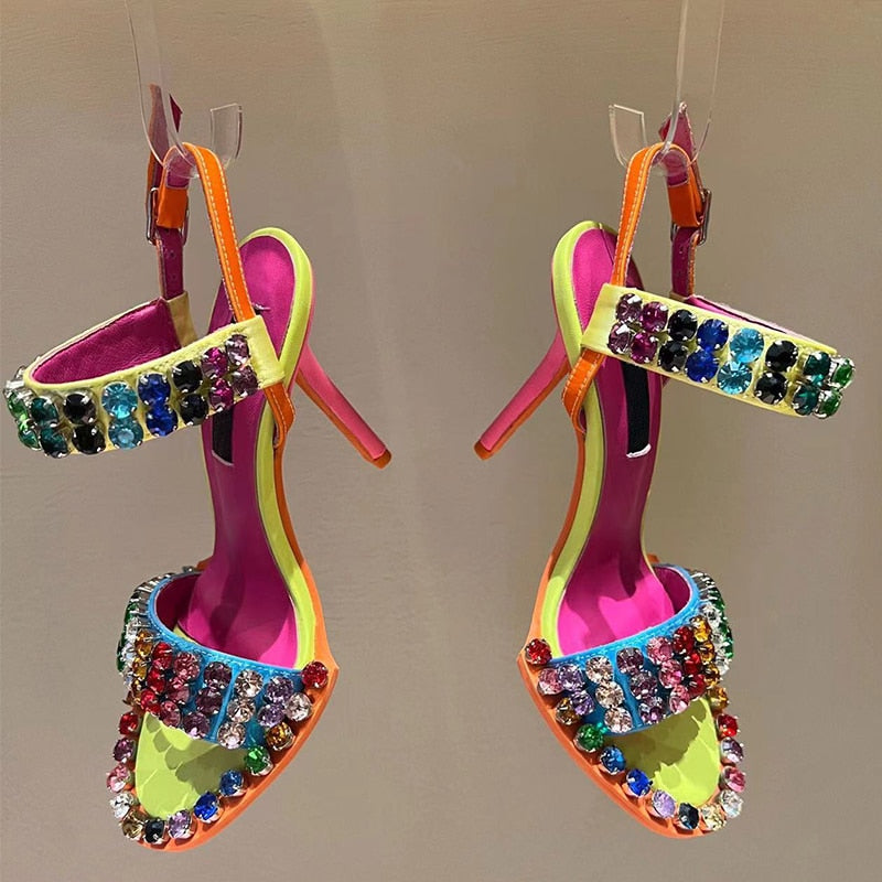 Colorful Crystal Rivets High Heels Buckle Women Sandals Evening Party Pumps Patchwork Women's Summer Shoes AMAIO