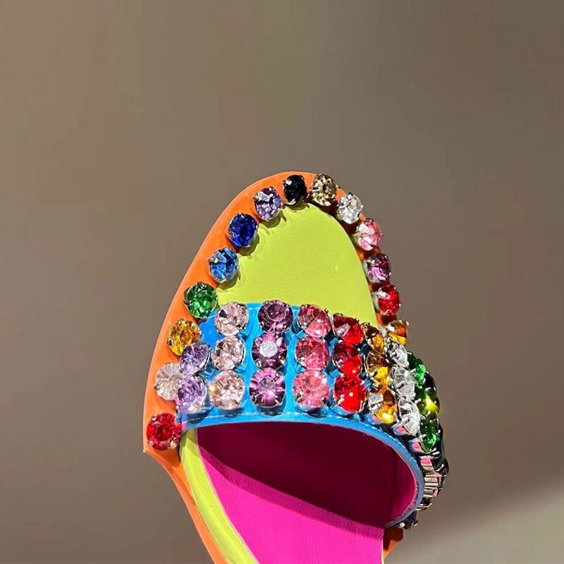 Colorful Crystal Rivets High Heels Buckle Women Sandals Evening Party Pumps Patchwork Women's Summer Shoes AMAIO