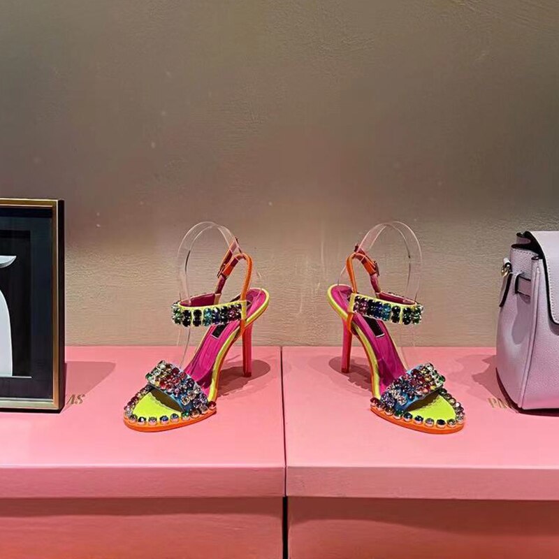 Colorful Crystal Rivets High Heels Buckle Women Sandals Evening Party Pumps Patchwork Women's Summer Shoes AMAIO