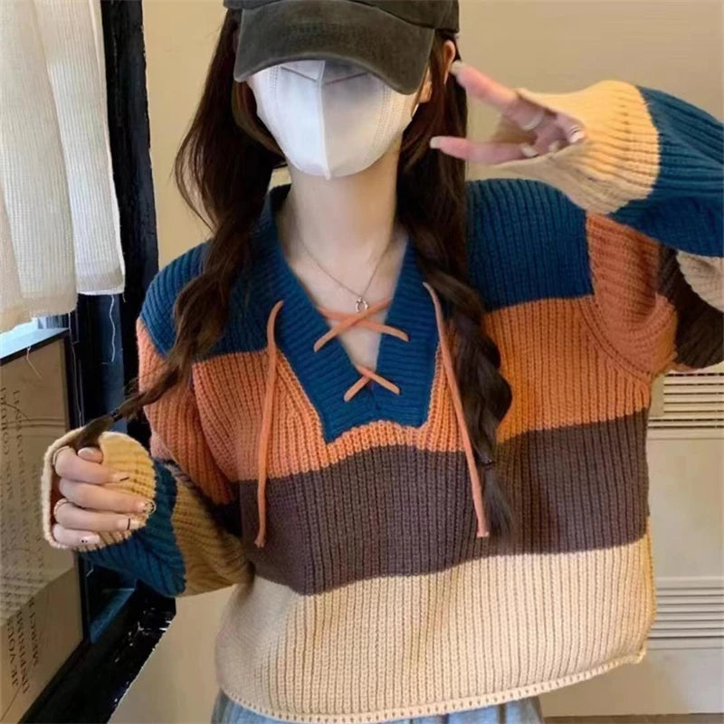 Contrast Lace-Up V-Neck Sweater Ladies Preppy Style Basic Long Sleeve Knitted Pullovers Women Autumn Loose Knitwear Navy Blue One Size