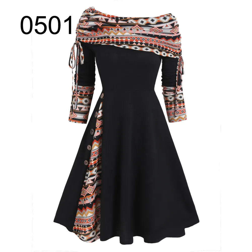 Convertible Cinched Striped Flare Dress Foldover Off The Shoulder Knitted Dresses Women 2024 Long Sleeve Jurken Multi0501 1