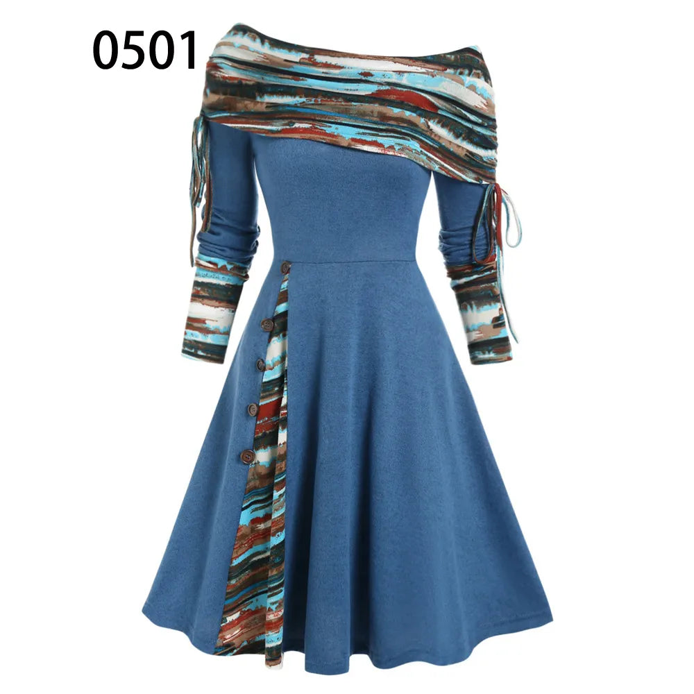 Convertible Cinched Striped Flare Dress Foldover Off The Shoulder Knitted Dresses Women 2024 Long Sleeve Jurken Deep Blue0501