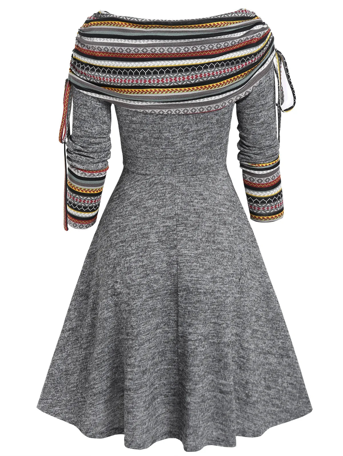 Convertible Cinched Striped Flare Dress Foldover Off The Shoulder Knitted Dresses Women 2024 Long Sleeve Jurken