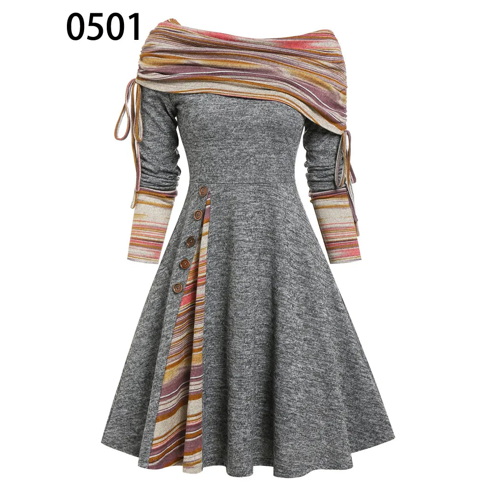 Convertible Cinched Striped Flare Dress Foldover Off The Shoulder Knitted Dresses Women 2024 Long Sleeve Jurken Light Gray0501