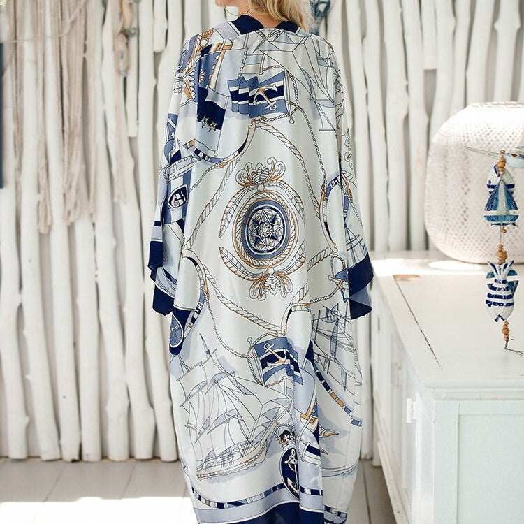 Cover-up Beach Kimono Loose Big Silky Swimsuit Cover up Red Print Swimwear Sarong Kaftans Color 14 One Size