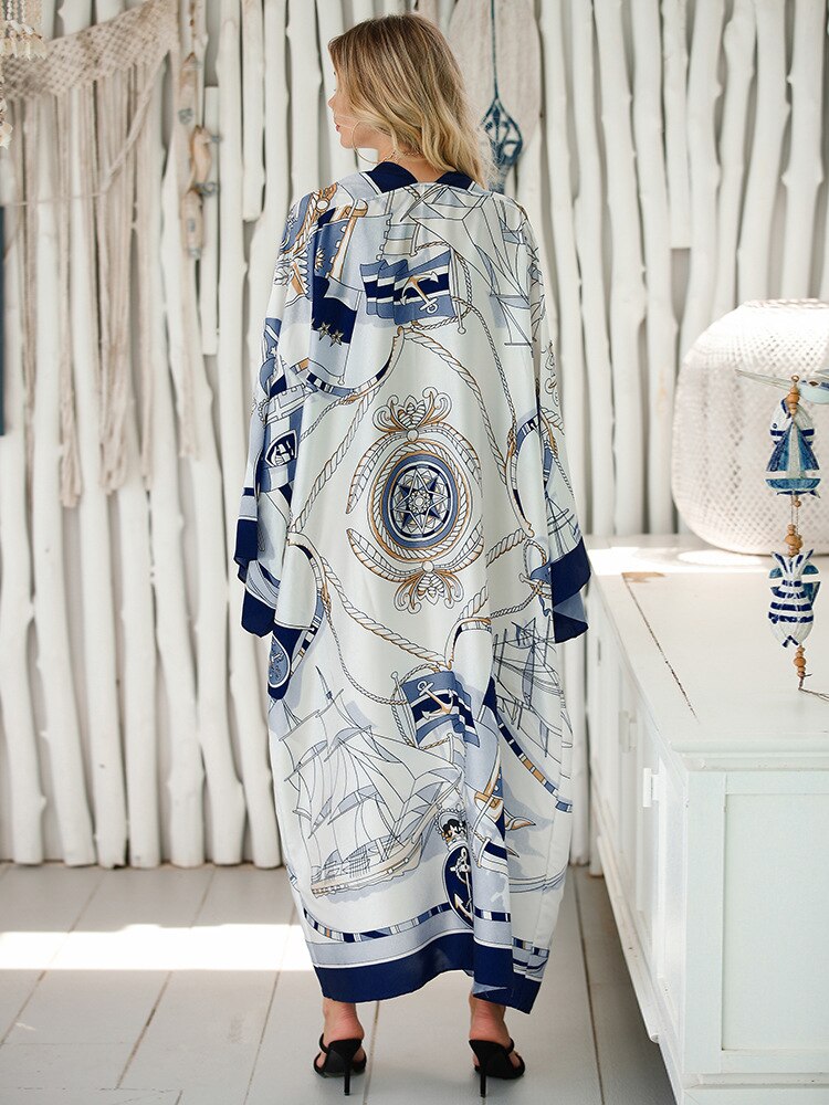 Cover-up Beach Kimono Loose Big Silky Swimsuit Cover up Red Print Swimwear Sarong Kaftans Color 14 One Size