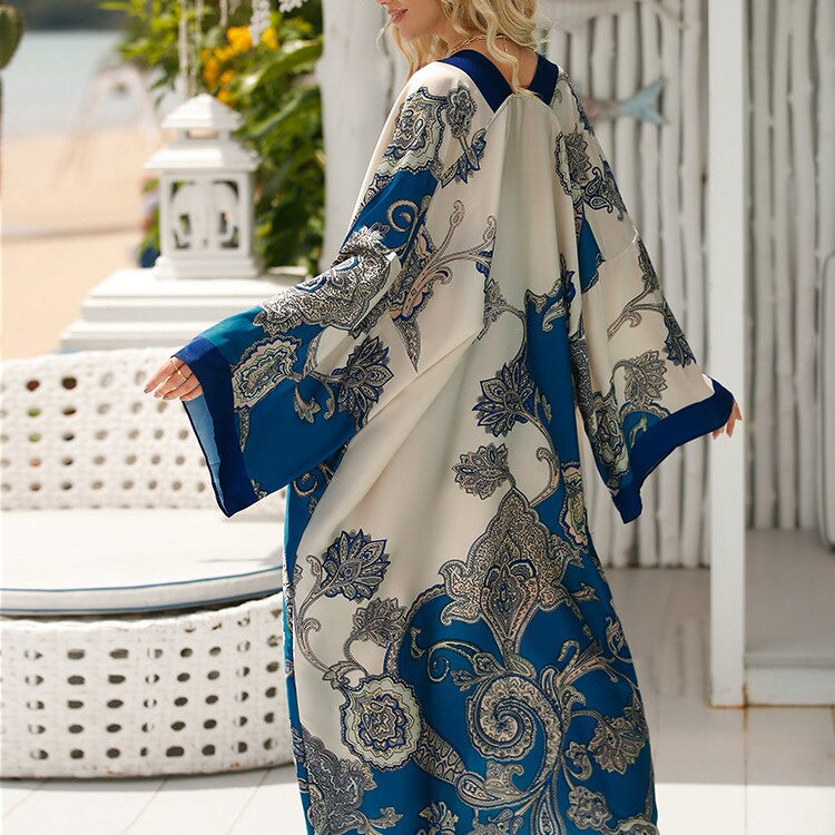 Cover-up Beach Kimono Loose Big Silky Swimsuit Cover up Red Print Swimwear Sarong Kaftans Color 15 One Size