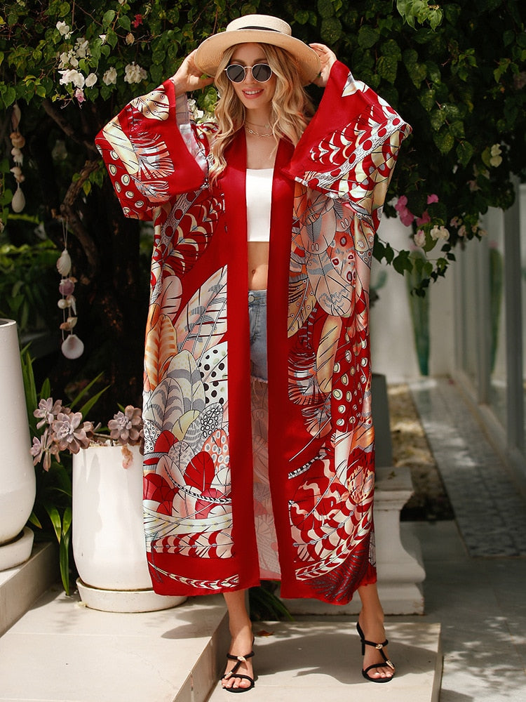 Cover-up Beach Kimono Loose Big Silky Swimsuit Cover up Red Print Swimwear Sarong Kaftans