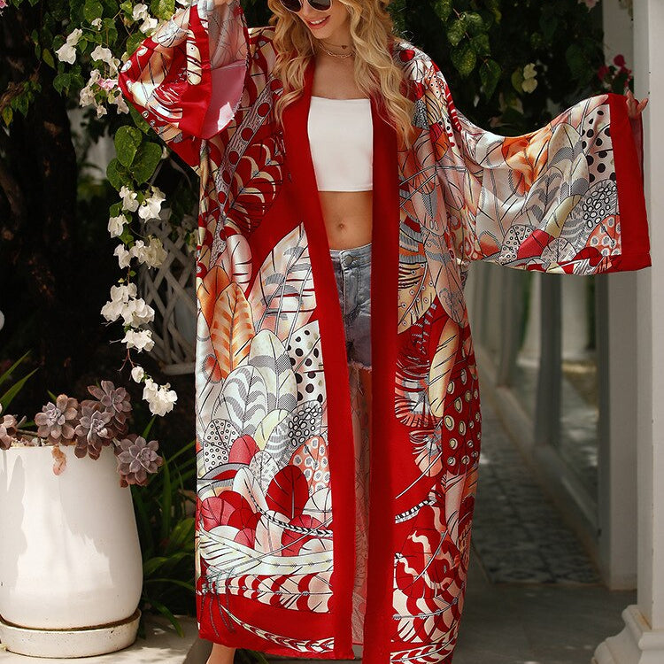 Cover-up Beach Kimono Loose Big Silky Swimsuit Cover up Red Print Swimwear Sarong Kaftans