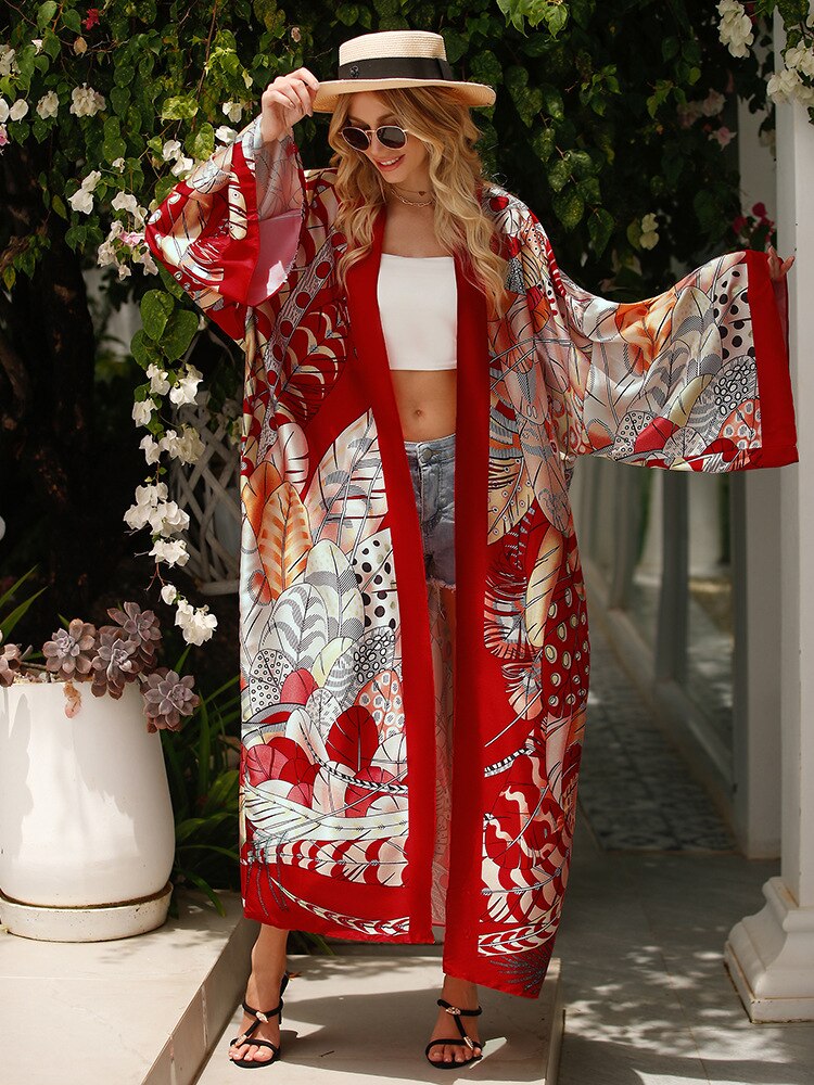 Cover-up Beach Kimono Loose Big Silky Swimsuit Cover up Red Print Swimwear Sarong Kaftans Color 25 One Size