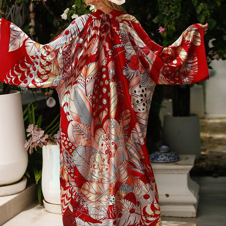 Cover-up Beach Kimono Loose Big Silky Swimsuit Cover up Red Print Swimwear Sarong Kaftans