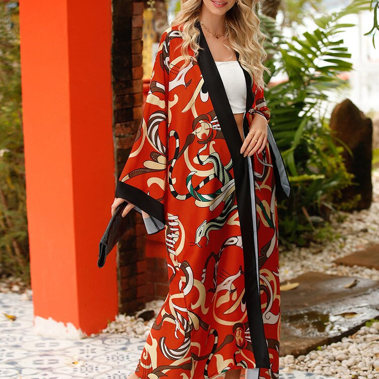 Cover-up Beach Kimono Loose Big Silky Swimsuit Cover up Red Print Swimwear Sarong Kaftans