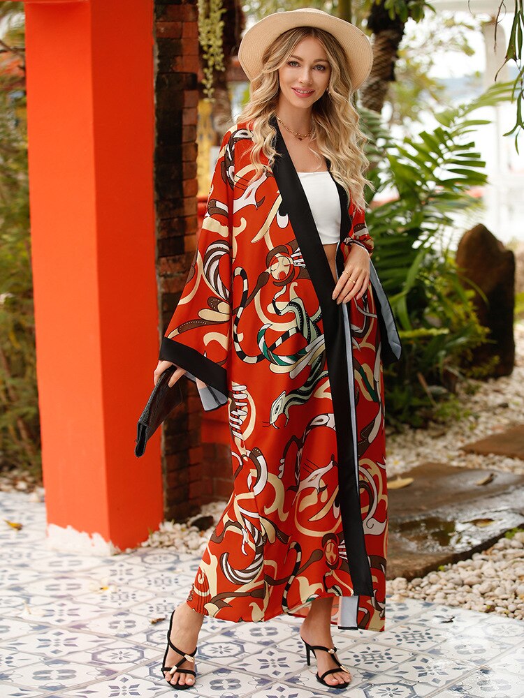 Cover-up Beach Kimono Loose Big Silky Swimsuit Cover up Red Print Swimwear Sarong Kaftans