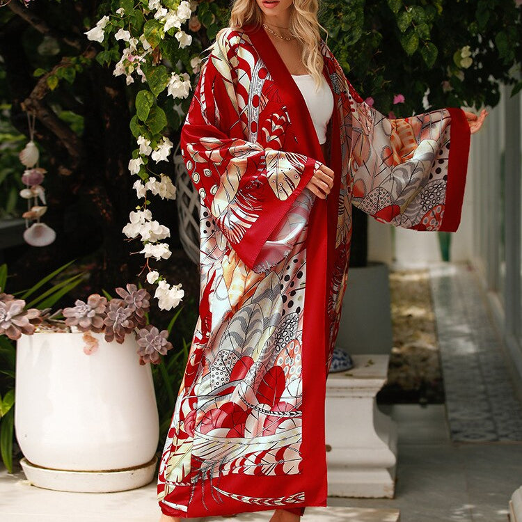 Cover-up Beach Kimono Loose Big Silky Swimsuit Cover up Red Print Swimwear Sarong Kaftans